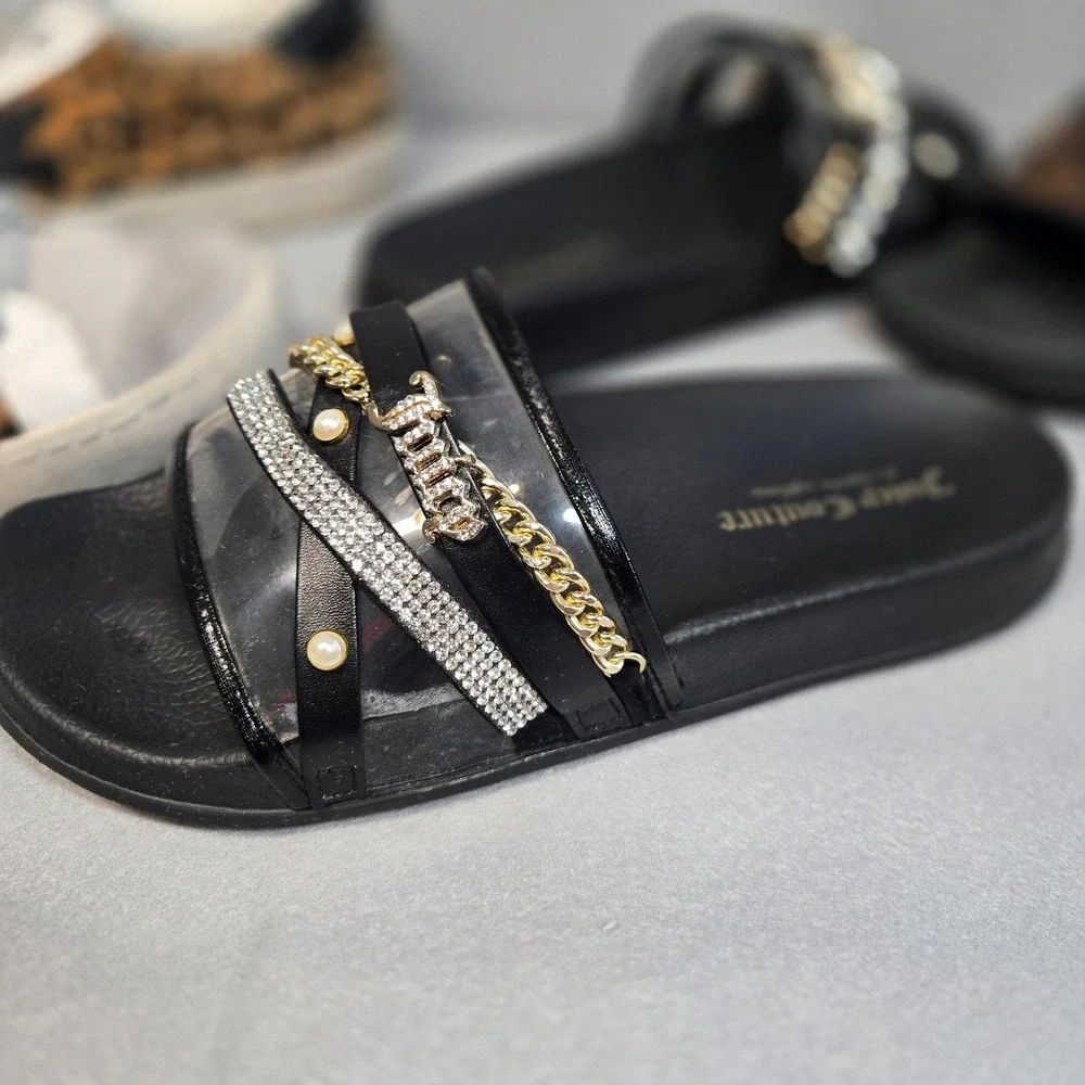 Juicy Couture Slide Sandals Womens Black Excellent Rhinestone Pearl Embellished